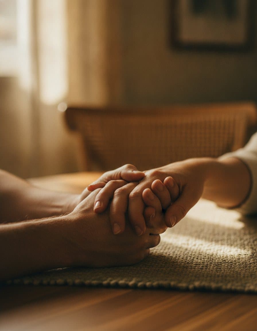 Hands writing thoughtfully in a notebook beside a warm cup of tea.