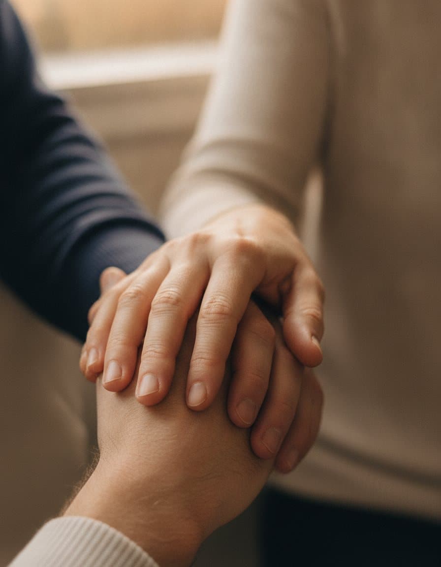Two people's hands gently clasped together in a gesture of quiet reassurance and support.