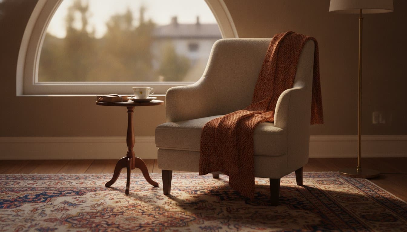 A quiet, private space prepared for a confidential conversation, with a comfortable armchair in warm light.