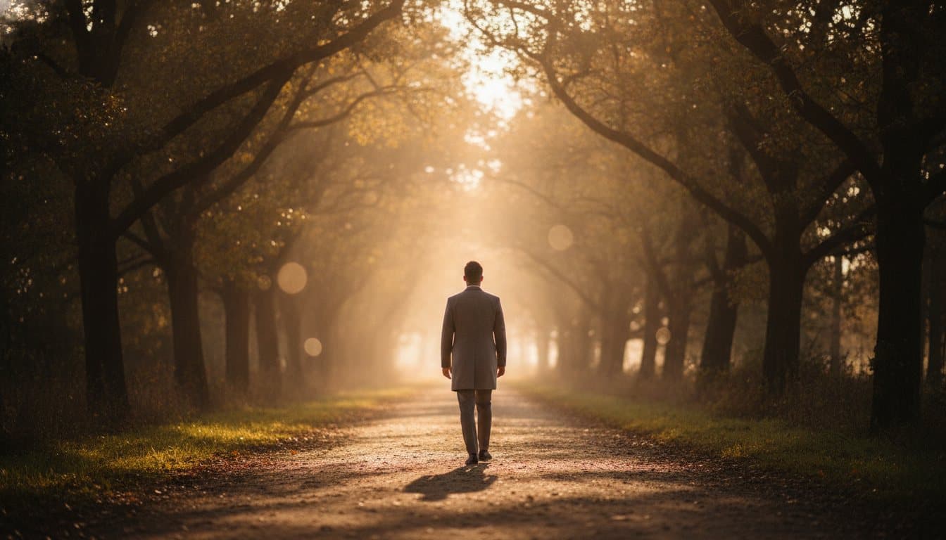 A person walking toward soft morning light along a quiet, tree-lined path.